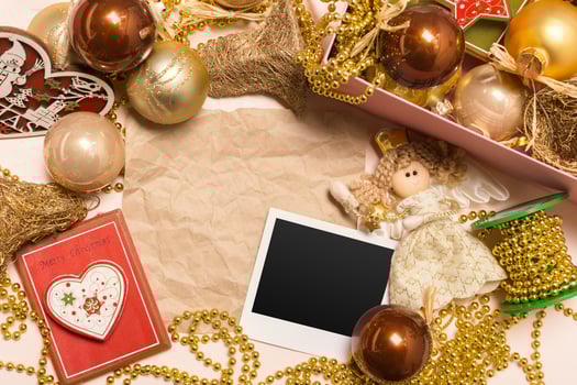 Greeting card mock up with christmas ornaments photo