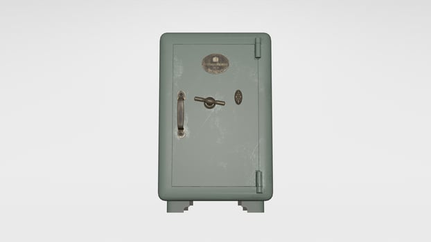 A green metal safe with a key on the door photo