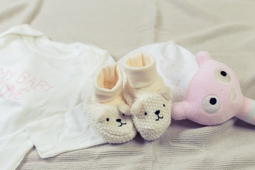 set of fashion trendy clothes and kids stuff for little baby girl photo