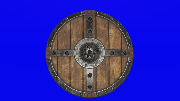 A wooden shield with metal and wooden parts photo