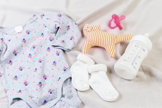 set of fashion trendy clothes and kids stuff for little baby girl photo