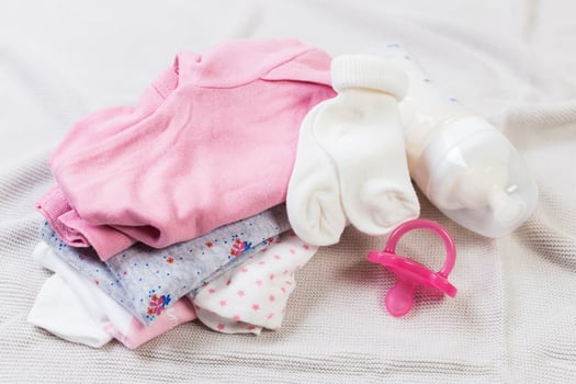 set of fashion trendy clothes and kids stuff for little baby girl photo