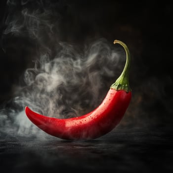 A vibrant red chili pepper exudes steam against a dark background with scattered spices photo