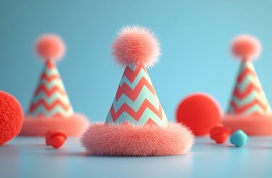Vibrant party hats with pom poms and fluffy trim on a bright blue background photo