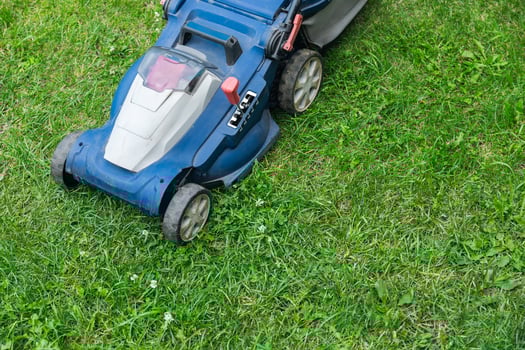 Lawn mower cutting green grass in backyard. Gardening background. photo
