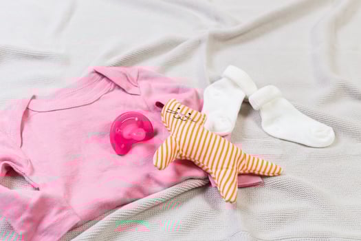 set of fashion trendy clothes and kids stuff for little baby girl photo