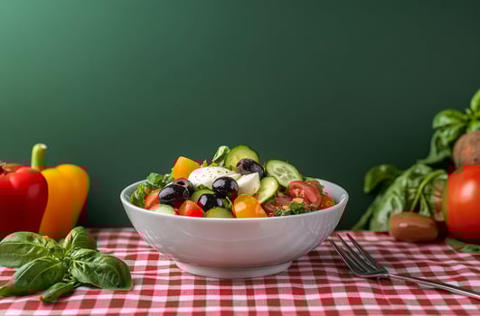 Fresh vegetable salad with olives and cheese served on a checkered tablecloth photo