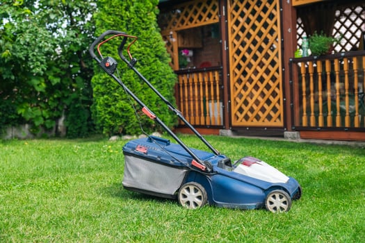 Mowing or cutting the very long grass with a green lawn mower in the summer sun photo