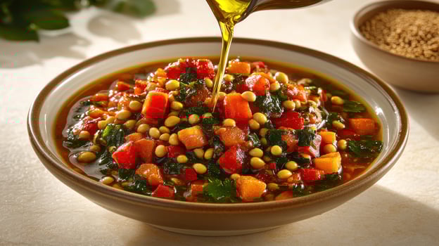 A medley of colorful vegetables garnished with olive oil, perfect for a healthy meal photo