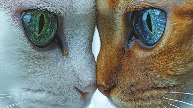 Two cats, one white and one orange, share an intimate gaze showcasing their stunning eyes photo