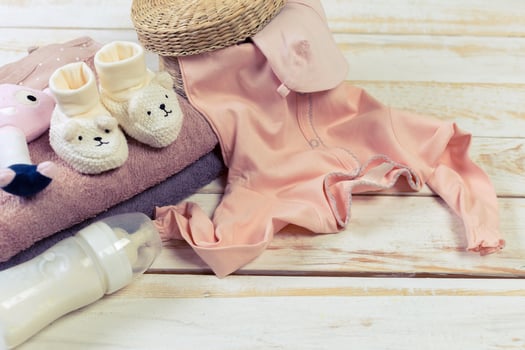 set of fashion trendy clothes and kids stuff for little baby girl photo