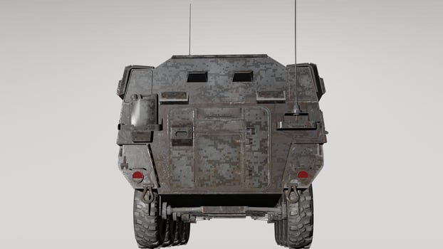 A military vehicle is shown in a 3d model photo