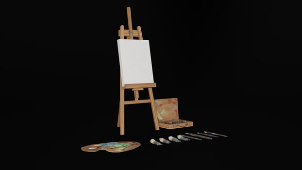 A painting easel, paint brushes and palette on a black background photo