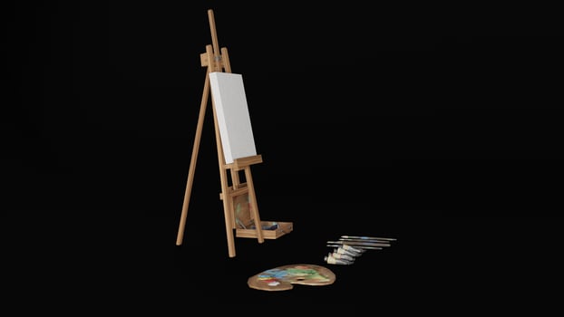 A wooden easel with paint brushes and paint photo