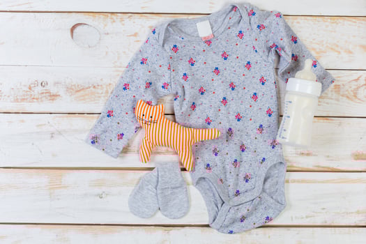 set of fashion trendy clothes and kids stuff for little baby girl photo