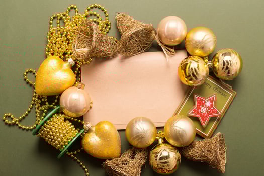 Greeting card mock up with christmas ornaments photo