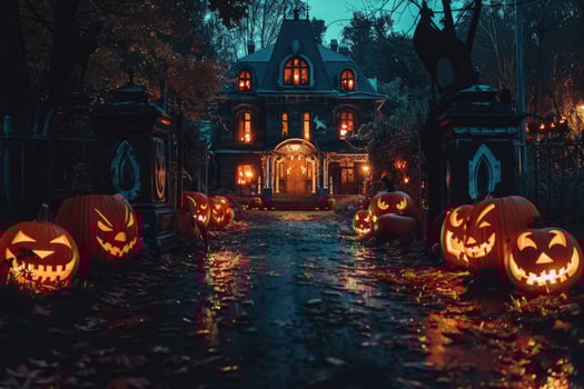 A Glowing Path of Jack-O'-Lanterns Leading to a Haunted Mansion photo