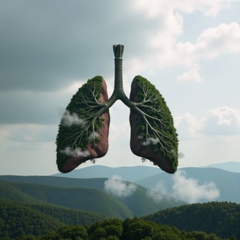 Digital artwork portraying lungs as treelike structures on a smoky landscape to represent air pollution photo