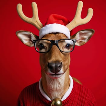 A reindeer wearing glasses against a festive red Christmas backdrop donning holiday attire photo
