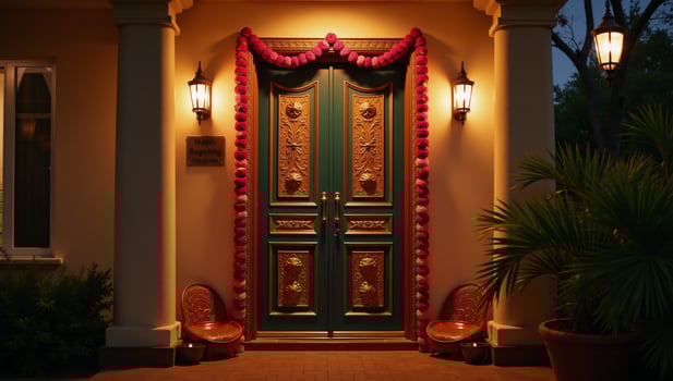 A festive decorative Diwali front door with shining diyas twinkling string lights and fragrant flower garlands photo