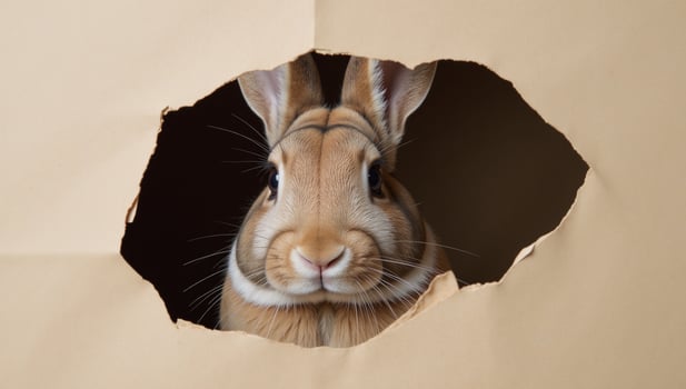 A curious rabbit is depicted peering through torn paper photo