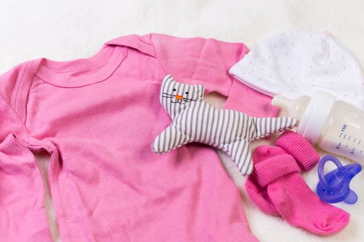 set of fashion trendy clothes and kids stuff for little baby girl photo