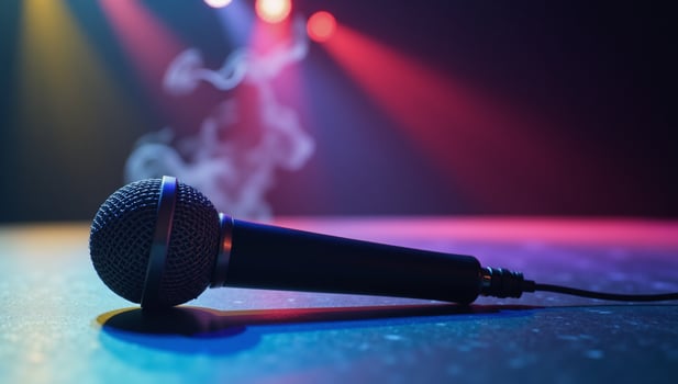 Microphone stands alone against a backdrop of colored lights and smoke onstage photo