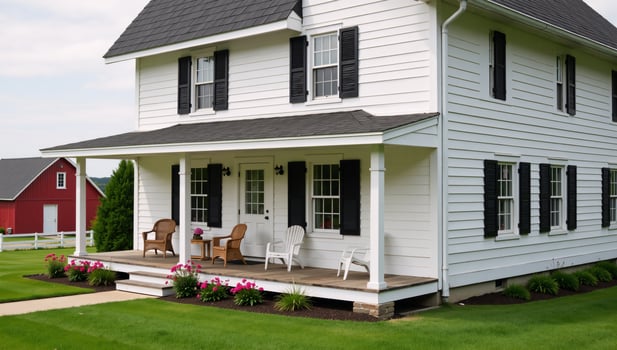 White farmhouse with a spacious porch red barn on the backdrop photo