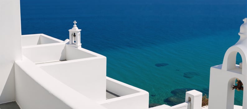 Minimalist Square Design Flat Style Travel Portrayal of Mykonos highlighting its iconic white structures azure waters for travelinspired dcor or vacations photo