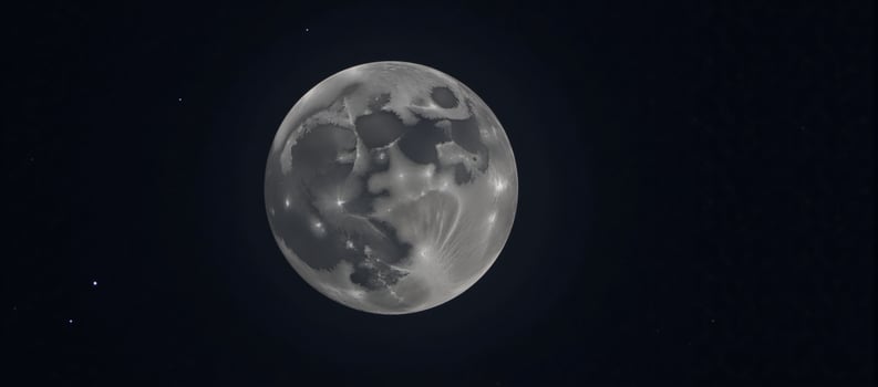 A detailed depiction of the moons rugged surface illuminated by stars against a night sky photo