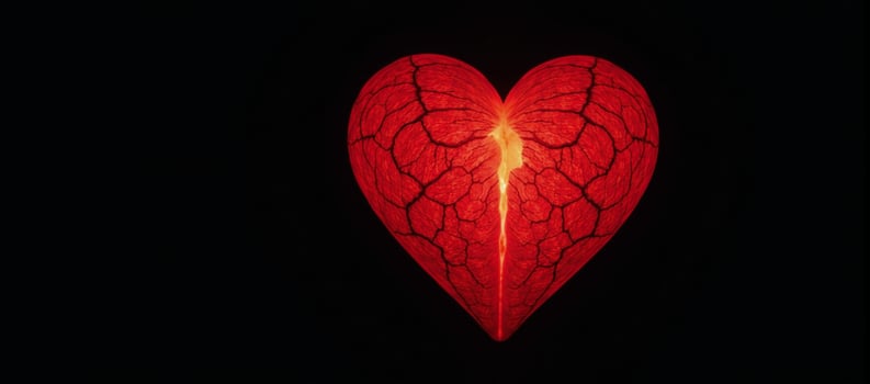 An abstract glowing red heart featuring visible cracks against a dark backdrop photo