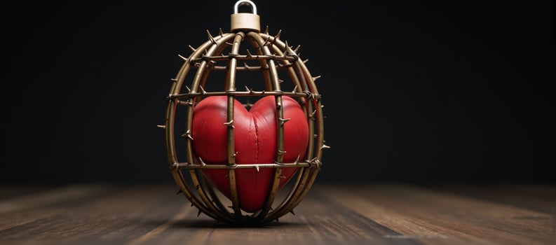 Hyperrealistic illustration showcases a red heart in a brass cage adorned by brown thorn vines and locked photo