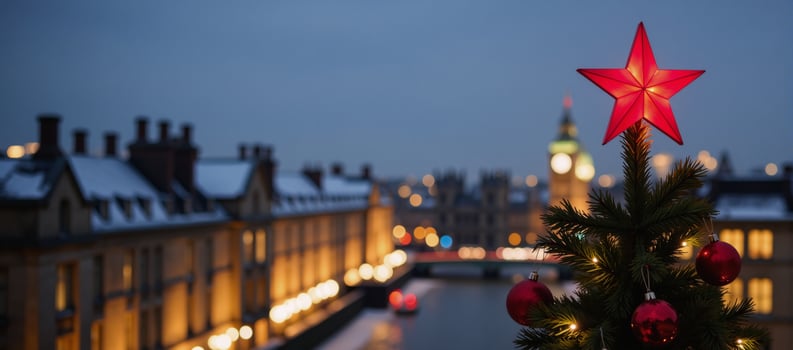 A red star adorns a Christmas tree amidst Londons Bokehlit nightscape photo