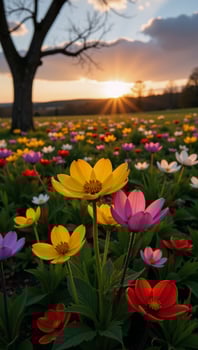 Blooming wildflowers illuminate under setting sunlight in a vibrant spring scene photo