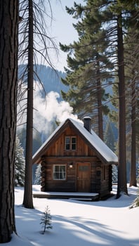 Cozy wooden cabin nestled amidst a snowy winter forest photo