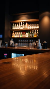 Blurry neon lights illuminate a woodtopped bar table photo