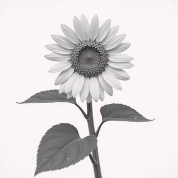 Blackandwhite line drawing emphasizing intricate sunflower petal details focused on center and leaves set against white background photo