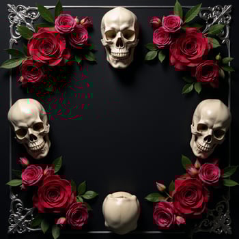 A Gothic banner displaying skulls blooming flowers Blacksilver theme widescale design with ample copiespace photo