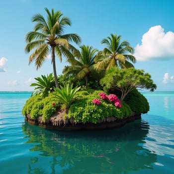 A photorealistic depiction of a lush flatfloating tropically verdant island landscape photo