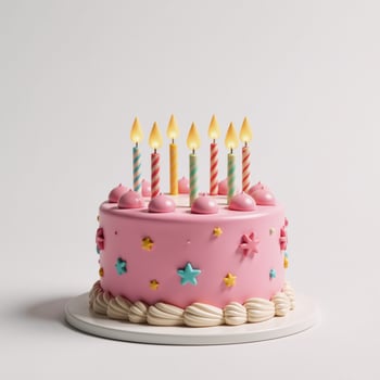 A 3Danimated image featuring a festive pink birthday cake decorated with candles and stars against a pristine white backdrop photo