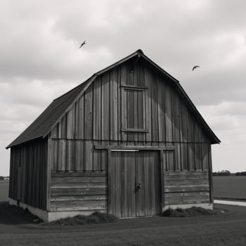 Black white illustrated rustic barn amidst peaceful countryside birds soaring through cloudy skies photo