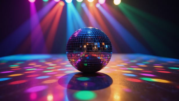 A vibrant disco ball illuminates the dance floor with multicolored light rays and bokeh effects photo