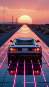 Futuristic 80s retrowave aesthetic a sleek car on neon laser gridlines driving towards the sunset horizon in a clear simple and beautiful mirror image against an empty mirrored floor photo