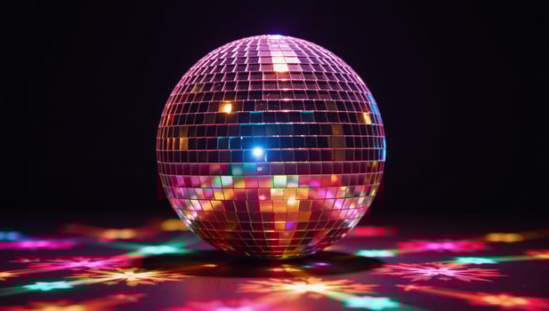 A spinning disco ball illuminated by shimmering disco lights photo