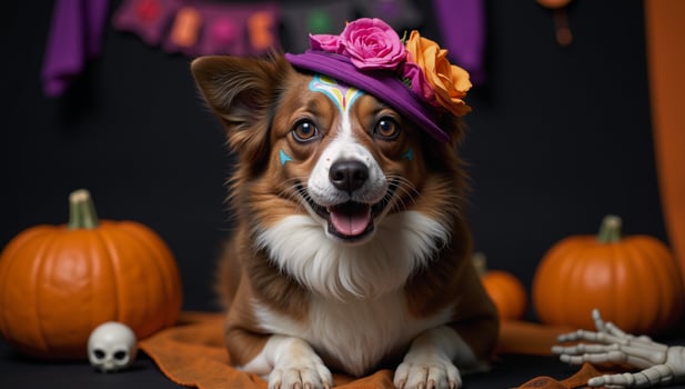 Pet costumes featuring cats and dogs adorned with vibrant Sugar Skull faces or Festive Day of the Dead masks celebrating a blend of Halloween and Mexican cultural traditions Dia de los Muertos photo