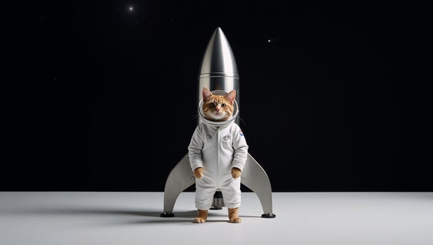 A feline astronaut rides his rocket ship amidst a starfilled night sky photo