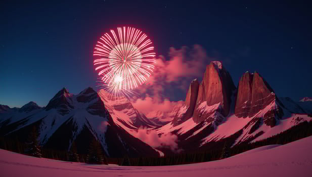Stunning red fireworks lighting up a celebratory mountainscape at night photo