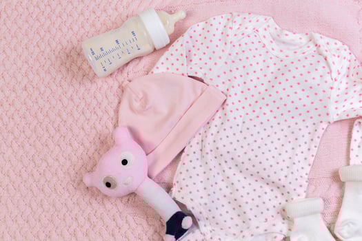set of fashion trendy clothes and kids stuff for little baby girl photo