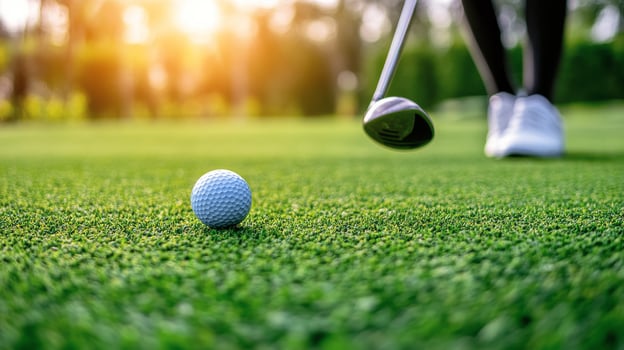 A golfer prepares to drive a ball during sunset at a lush green golf course photo