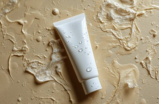 A tube of moisturizing cream surrounded by droplets on a smooth surface in a warm setting photo